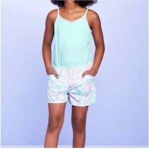 More than Magic Turquoise Floral Romper Size Large 10/12